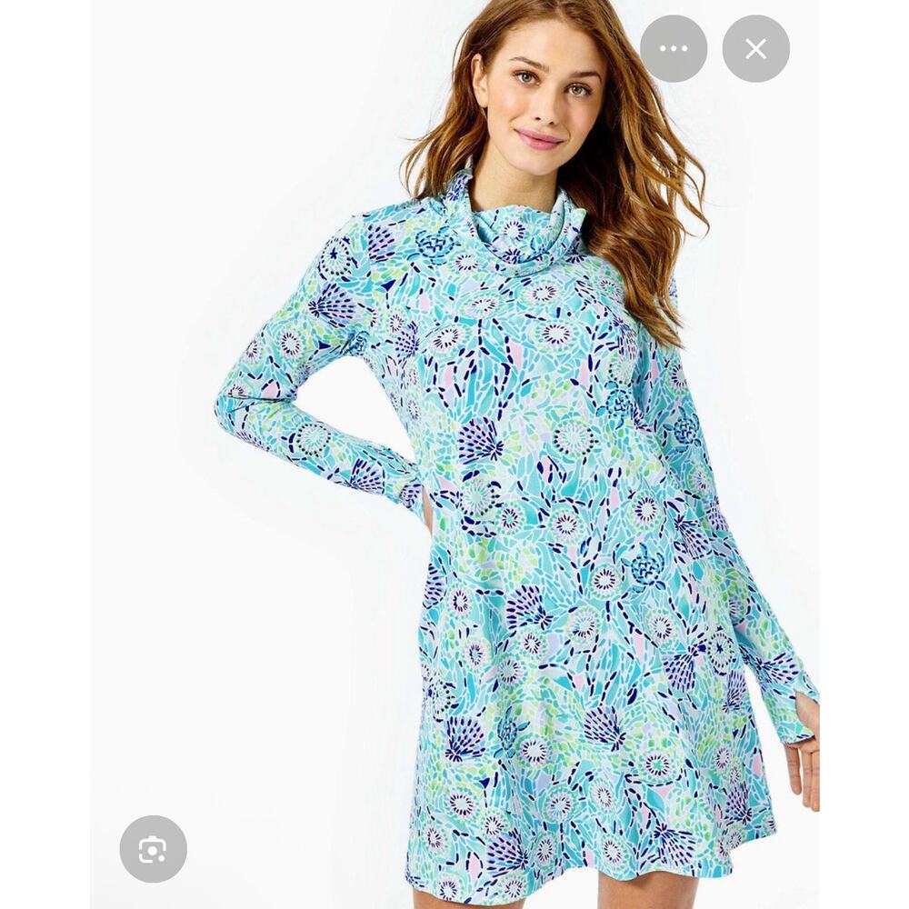 Lilly Pulitzer Blue Floral Long Sleeve UPF 50+ Chillylilly Lilshield Dress M